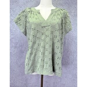Philosophy Women Green Eyelet Top XL V Neck Flutter Sleeve Boho Cottagecore